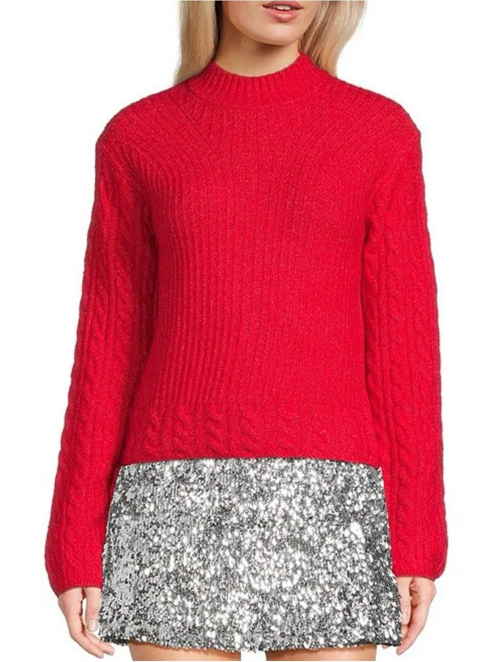 Gianni Bini Red Cable-Knit Mock Neck Sweater